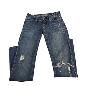 American Eagle 77 Straight Jeans Medium Wash Distressed Ripped Women's Size 2‎